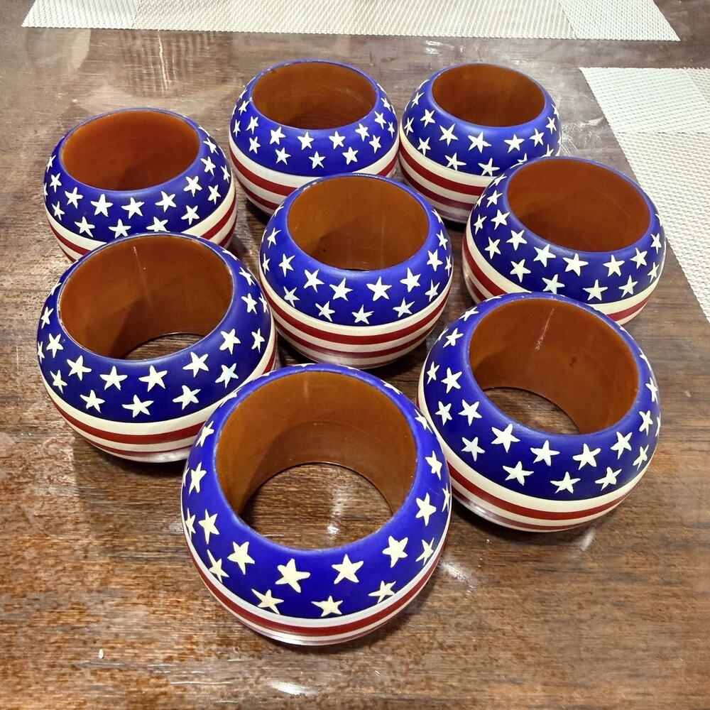 Wood Napkin Rings American Flag Stars & Stripes Americana USA set of 8